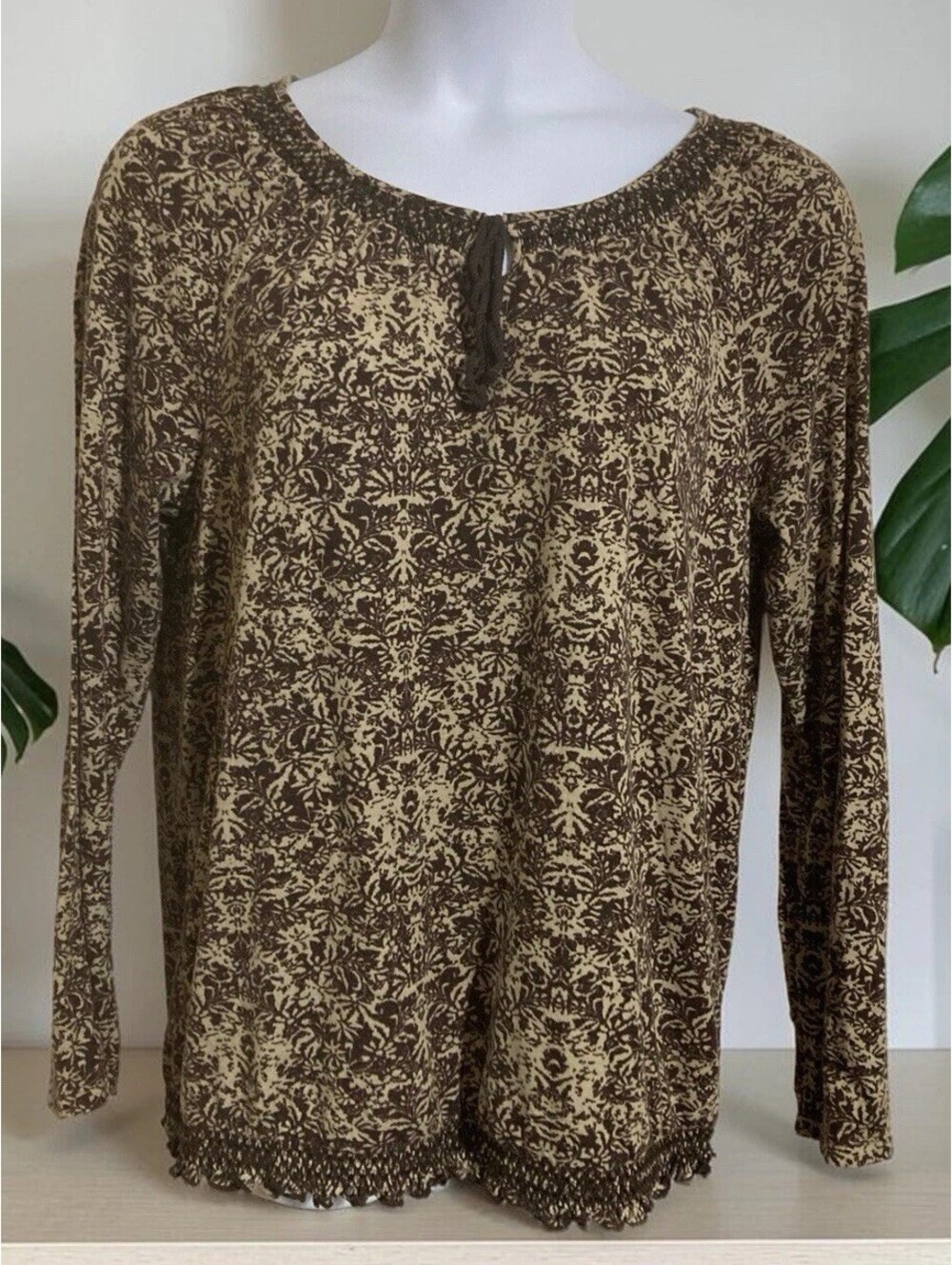 Women Faded Glory Brown Paisley Design Polyester Blend Long Sleeve Top Sz 2XL